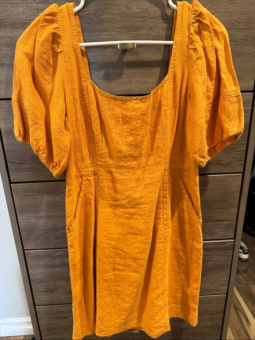 madewell Puff-Sleeve Square Neck Dress in Orange